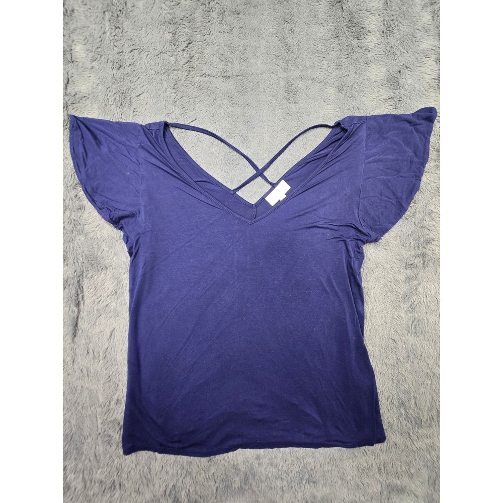 ModCloth Womens Navy Blue Flutter Sleeve Crisscross V-Neck Knit Top Large